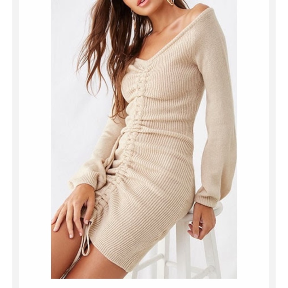 Cream cinch long sleeve dress